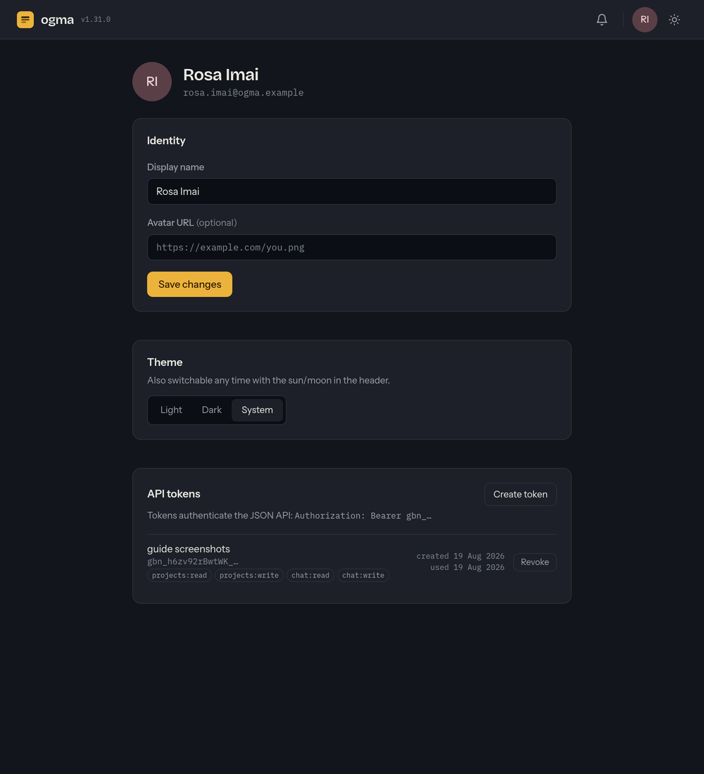 The account page: an Identity card with display name and avatar fields, a Theme card offering Light, Dark and System, and an API tokens card.