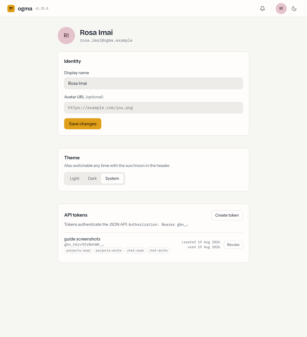 The account page: an Identity card with display name and avatar fields, a Theme card offering Light, Dark and System, and an API tokens card.