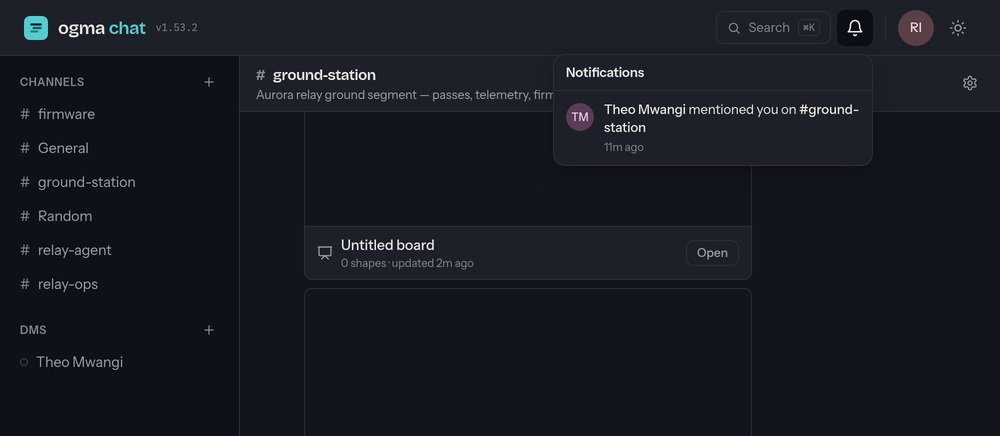 The notification inbox open under the bell in the header, listing a mention from Theo Mwangi in #ground-station.