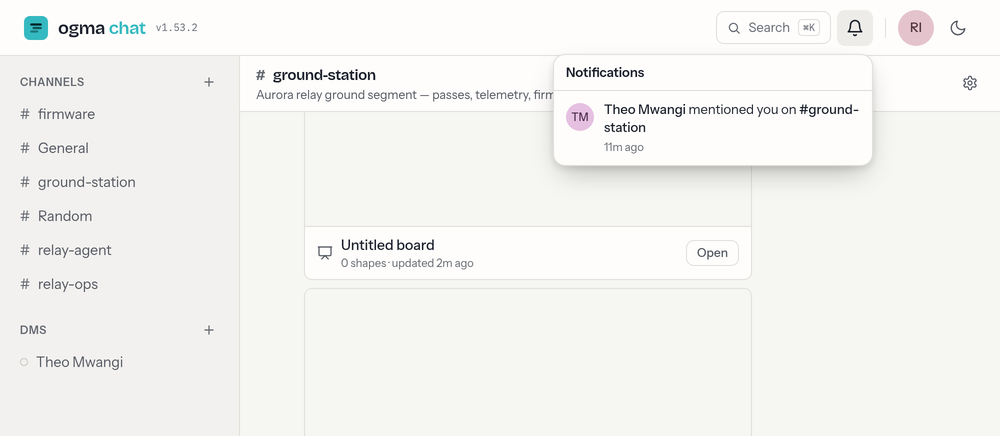 The notification inbox open under the bell in the header, listing a mention from Theo Mwangi in #ground-station.