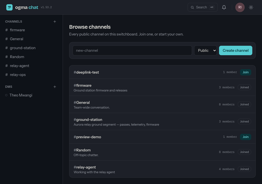 The Browse channels page: a field for creating a channel with a Public or Private choice, then every public channel listed with its topic, member count and either a Joined badge or a Join button.
