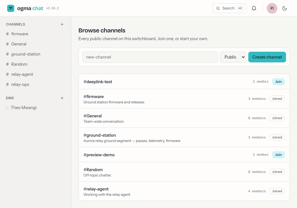 The Browse channels page: a field for creating a channel with a Public or Private choice, then every public channel listed with its topic, member count and either a Joined badge or a Join button.