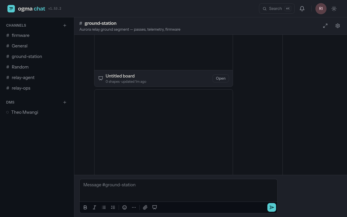 The chat window: the sidebar lists channels and direct messages; the centre shows the open channel with its topic, messages and composer; the header carries search, the bell, the theme toggle and your avatar.