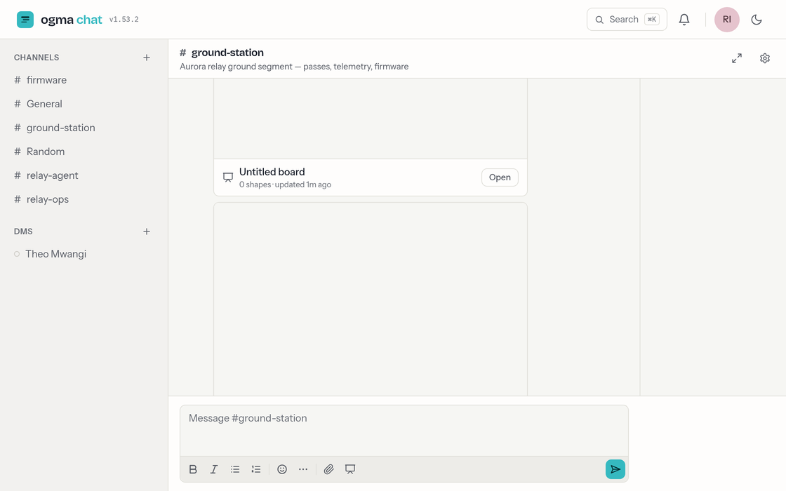 The chat window: the sidebar lists channels and direct messages; the centre shows the open channel with its topic, messages and composer; the header carries search, the bell, the theme toggle and your avatar.