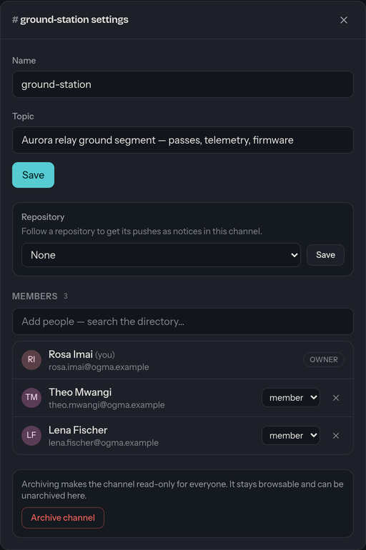 The channel settings dialog: the topic and visibility, then the member list with each person's role, and controls for adding someone.