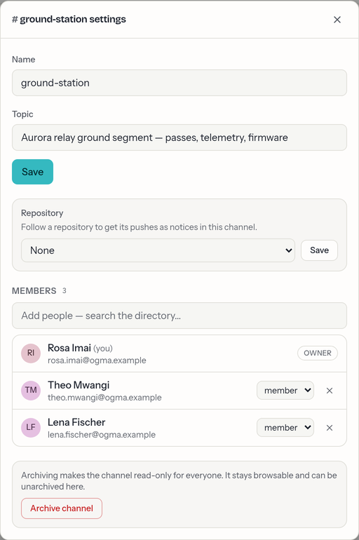 The channel settings dialog: the topic and visibility, then the member list with each person's role, and controls for adding someone.