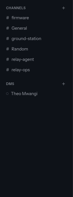 The sidebar: a Channels list and a DMs list, each channel prefixed with a hash, with a plus button on each heading for browsing or starting a conversation.