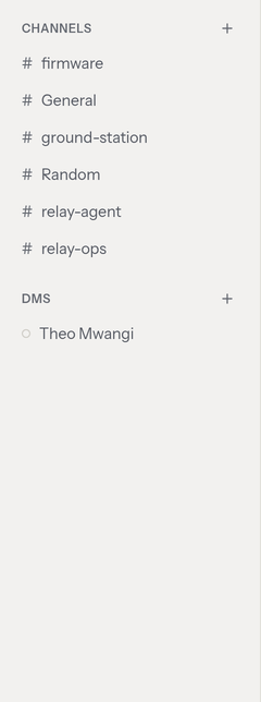 The sidebar: a Channels list and a DMs list, each channel prefixed with a hash, with a plus button on each heading for browsing or starting a conversation.