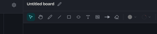 A whiteboard's tool row: select, pan, pen, line, rectangle, ellipse, text, markdown box, arrow and eraser, followed by fill and border colour pickers and stroke-width choosers.
