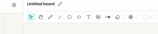 A whiteboard's tool row: select, pan, pen, line, rectangle, ellipse, text, markdown box, arrow and eraser, followed by fill and border colour pickers and stroke-width choosers.